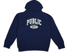 Navy blue hoodie with 'PUBLIC' and 'MMXV' text on a white background