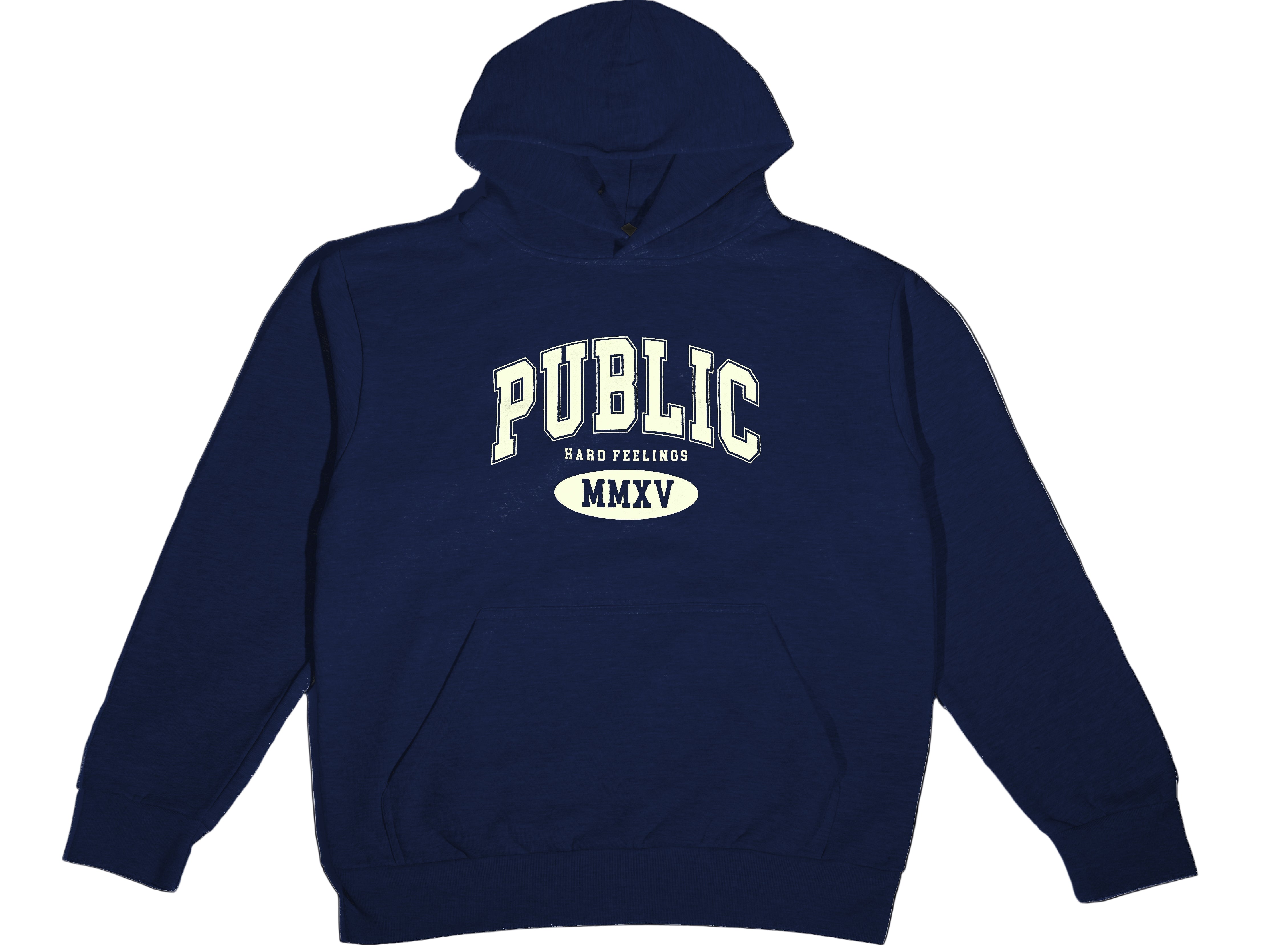 Navy blue hoodie with 'PUBLIC' and 'MMXV' text on a white background